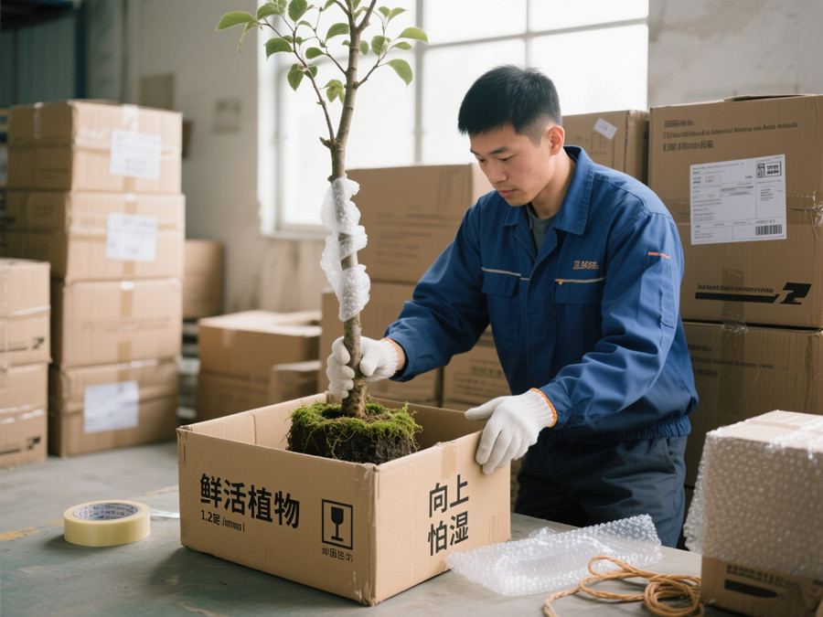 快递人员正准备将果树打包邮寄到澳洲